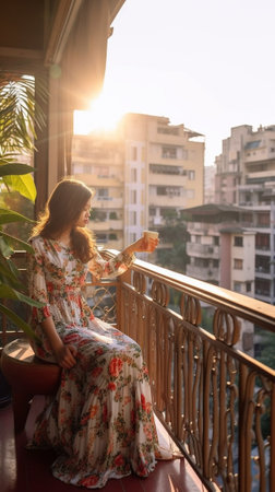 Portrait beautiful girl with long hair having breakfast on balcony surround flowers in the morning in city She holds a cup croissant having fun to camera : Generative AIの素材
