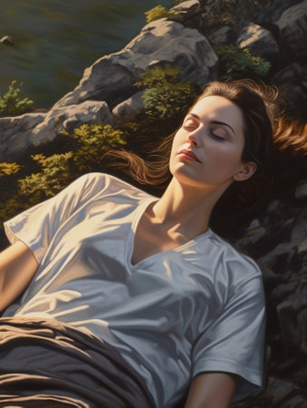 Overhead portrait of pensive lady with shiny hair sleeping in sunny day Photo of tired caucasian female model lying on blanket and thinking about something : Generative AIの素材