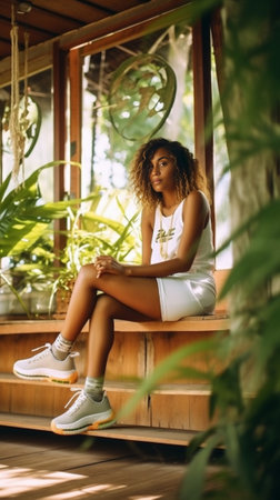Pleased black girl wearing trendy sport shoes chilling on chair on balcony enjoying morning alone Portrait of smiling cute young woman in denim clothes having fun on terr : Generative AIの素材