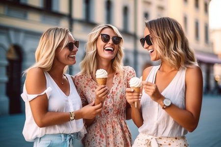 Portrait of three stylish laughing girls in white clothes resting in the park with glasses on foreground Gorgeous young women having fun after work sitting in openair res : Generative AIの素材