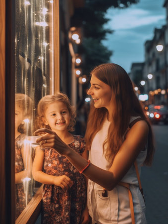 Pretty young mother and her cute daughter having fun and take selfies Little girl surprised looking in phone and smile on the sunny city background Stylish family true em : Generative AIの素材