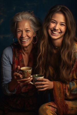 Smiling mother and daughter holding tea cups Studio shot of laughing family posing on sofa in weekend : Generative AIの素材