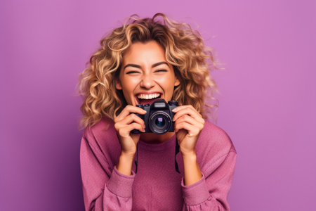 Funny surprised girl in fashionable attire screaming on purple background Studio shot of stylish caucasian woman with little gray purse having fun during photoshootPlace  : Generative AIの素材