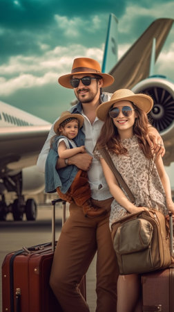 Young happy man and woman hold tickets and rejoice Cool brunette guy and blonde girl in hat smile and pose near airport : Generative AIの素材