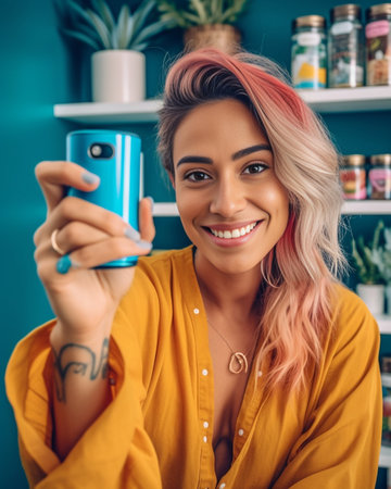 Beautiful girl with shiny hair posing with peace sign while making selfie Laughing lady with little tattoo on arm taking picture of herself in her room : Generative AIの素材