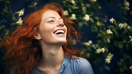 Adorable woman with flowers in wavy red hair laughs with closed eyes on white background : Generative AIの素材