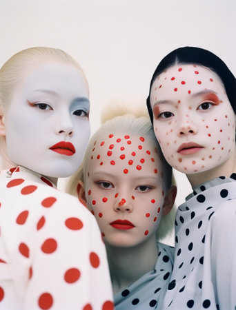 Asian women in polka dot costumes look at camera on beige background : Generative AIの素材