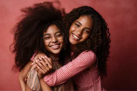 African girl hugs her sister and reaches for camera Young women in high spirits posing over isolated background : Generative AIの素材