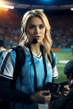 A young girl in a blue sport suit with a black top is sitting near fence on the stadium She is listening to the music with headphones and smiling to the phone : Generative AIの素材