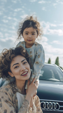 Adorable cute girl with school bag looking away standing beside mother with retro camera Outdoor portrait of slim curly woman photographer walking with daughter after pho : Generative AIの素材