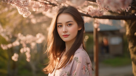 Attractive woman in bright sweater looks into camera on background of sakura Snapshot of lady in red sweater posing outside and enjoying spring : Generative AIの素材