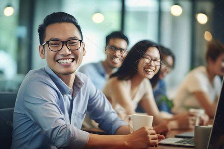 Asian male student spending time with university mates and posing in room with loft interior Elegant female office worker in white shirt sits on table and having fun with : Generative AIの素材