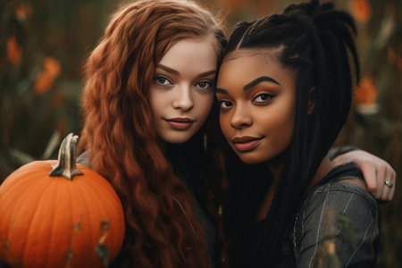 Beautiful girl in black coat embracing sister Outdoor photo of interested ladies smiling in autumn day : Generative AIの素材