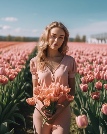 Beautiful curly haired woman in white blouse and pink long skirt looking into camera with flowers Modern girl posing with tulip in her hair : Generative AIの素材