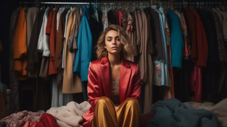 Fascinating woman expressing sad emotions in boutique with expensive clothes Indoor portrait of girl with offended face standing with arms crossed near hangers with dress : Generative AIの素材
