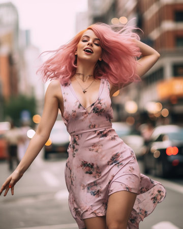 Amazing european girl with pink hair dancing on the street Attractive white lady in sunglasses fooling around in summer : Generative AIの素材