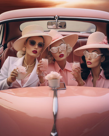 Blithesome white ladies in hats posing on rosy background Indoor portrait of confident caucasian girls with glamorous accessories : Generative AIの素材