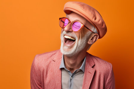 Awesome man in orange eyeglasses laughing on isolated background Grayhaired adult with beard in light outfit is smiling into camera : Generative AIの素材