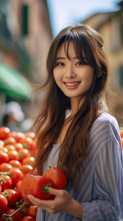 Cheerful young caucasian girl holding bag of tomatoes shopping in market Brunette with snowwhite smile looks to side Healthy food natural products : Generative AIの素材