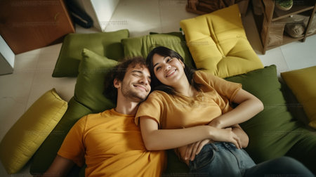 Chilling young people fooling arounf at home Indoor shot of happy girl embracing boyfriend in her flat : Generative AIの素材