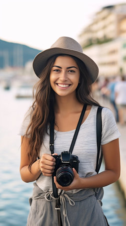 Charming girl with long straight hair taking picture of town Laughing interested white lady with camera have a good time outdoor : Generative AIの素材