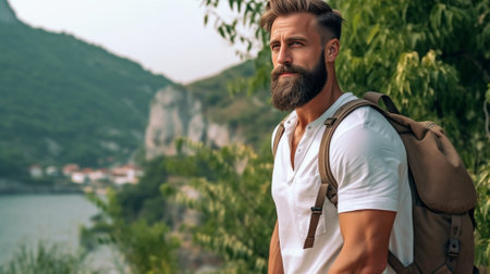 Charming man in white shirt and cap drinks coffee outside Attractive adult guy with gray beard in light clothes posing with backpack : Generative AIの素材