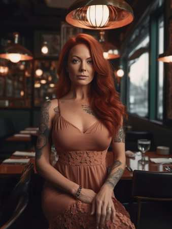 Fashionable girl with red hair and freckles in summer stylish dress and black bandage on neck looking into camera relaxing in country cafe : Generative AIの素材