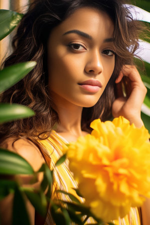Closeup portrait of pacified woman with flower in dark wavy hair Lady with slight smile and closed eyes posing against backdrop of tropical plant : Generative AIの素材