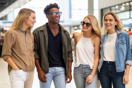 Beautiful young interracial students looking at camera standing after class near university Guy with girls wear casual clothes in spring Leisure concept : Generative AIの素材