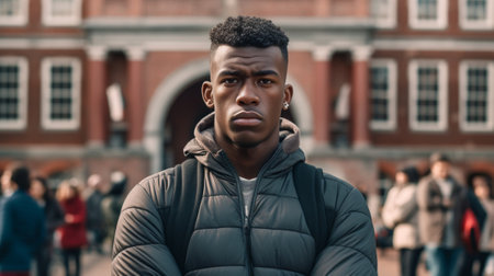 Confused african man in checkered jacket looking to camera Outdoor portrait of serious black guy with backpack : Generative AIの素材