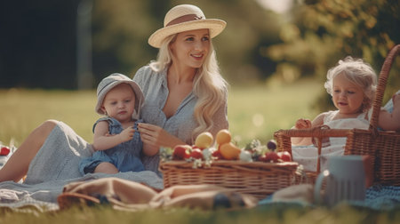 Enthusiastic girl with long brown hair holding green apple and talking with mom Pretty woman in elegant hat touching daughters face with finger while sitting on blanket i : Generative AIの素材
