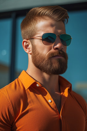 Cool brunet bearded man in sunglasses beige shorts and orange jacket leans on white wall outside and crosses arms : Generative AIの素材