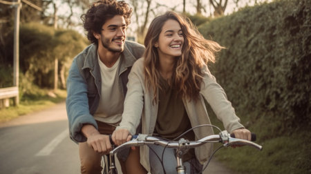 Fulllength photo of young couple in love on bike on road on forest background Handsome guy in white Tshirt is driving a bike and kissing a girl with long curly hair in ha : Generative AIの素材