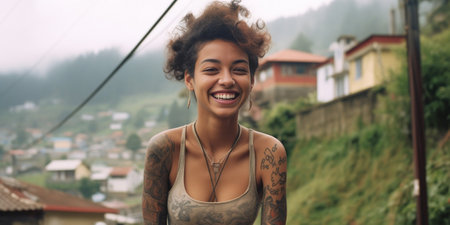 Curly woman with beautiful tattoo on her arm is laughing Friendly girl in white shirt and cap looks at camera on background of cozy houses : Generative AIの素材