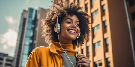 Cheerful young african female in wireless headphones looking into distance with smile Girl brunette curly hair wears classic style of clothes Concept gadgets melomania : Generative AIの素材