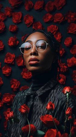 Closeup portrait of excited african girl playfully posing with flowers Indoor shot of ecstatic black young woman wears glasses : Generative AIの素材