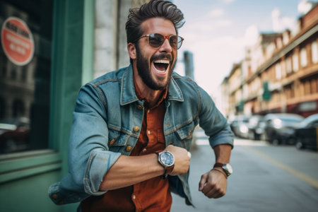 Charming brunette man in black pants denim jacket and sunglasses smiles widely Happy guy poses outside with brown backpack : Generative AIの素材
