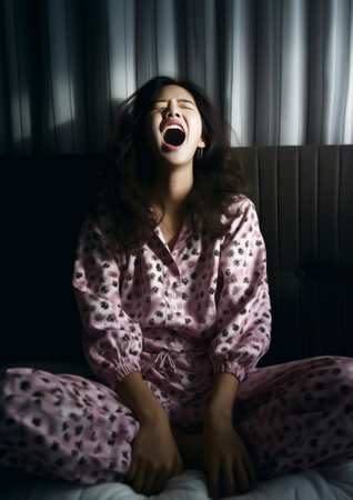 Excited young woman in pajama playing with her curly hair Indoor photo of fascinating lady chilling in bedroom : Generative AIの素材