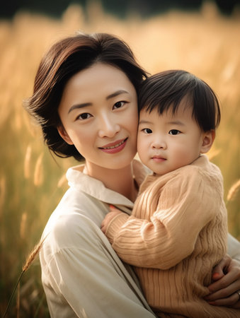 Cute child touching mothers face Photo of young mom posing with daughter on blur nature background : Generative AIの素材