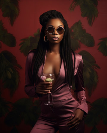 Dark skinned girl with wavy brunette hairstyle in modern beige dress posing with bottle with wine and glass on pink background : Generative AIの素材