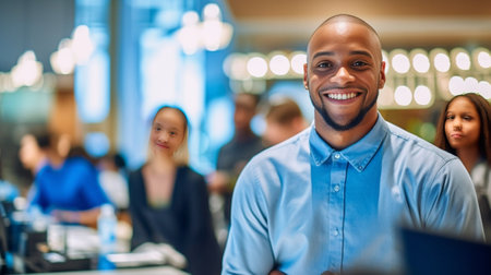 Glad young man with african hairstyle posing with arms crossed in his office with other employees on background Male manager in blue shirt smiling during conference at wo : Generative AIの素材