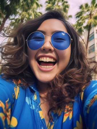 Closeup selfieportrait student of attractive girl in sunglasses with long hairstyle and snowwhite smile in city : Generative AIの素材