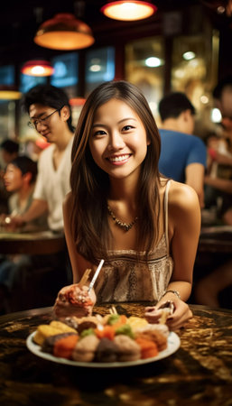 Gorgeous asian woman eating cake Smiling birthday girl enjoying dessert : Generative AIの素材