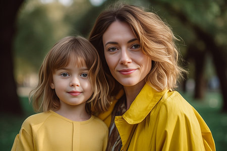 Beautiful young woman with big green eyes holding daughter with looking to camera with surprised face expression Closeup outdoor photo of pretty lady carrying child aroun : Generative AIの素材