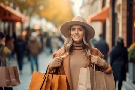 Fascinating female tourist in hat holding city map Outdoor portrait of beautiful ladies exploring town in autumn day : Generative AIの素材