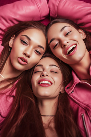 Excited european girl playing with her hair during photoshoot with friend Studio portrait of blithesome ladies in pink clothes : Generative AIの素材