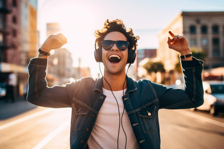 Positive excited handsome guy in suit hat black sunglasses having fun on white background Listening to music through headphones dancing singing celebrating party happines : Generative AIの素材