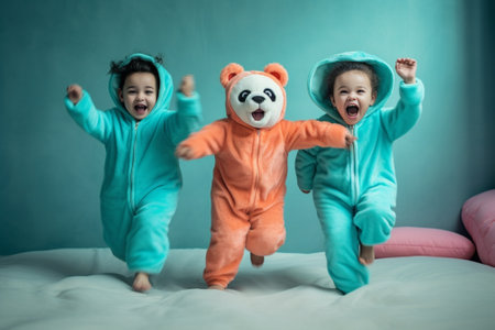 Fulllength portrait of debonair ladies in funny pajamas Indoor photo of smiling happy girls in kigurumi standing on blue background : Generative AIの素材