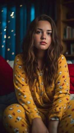 Inspired darkhaired woman expressing happiness while posing at home Indoor shot of wonderful brunette girl in pyjamas sitting on the floor : Generative AIの素材