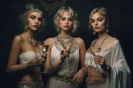 Ladies in elegant dresses hold glasses of champagne on gold background Brunette girl looks into camera and blows kiss : Generative AIの素材